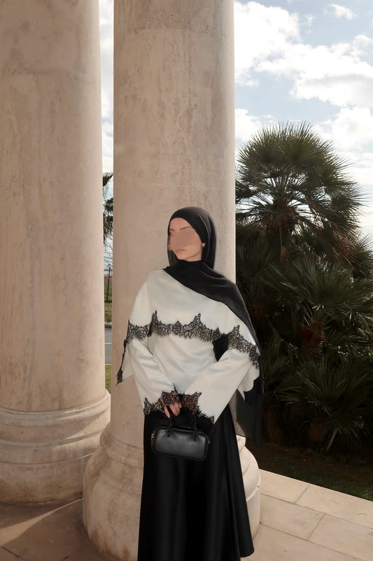 LACE EMBROIDERED CAPE SATIN BLOUSE