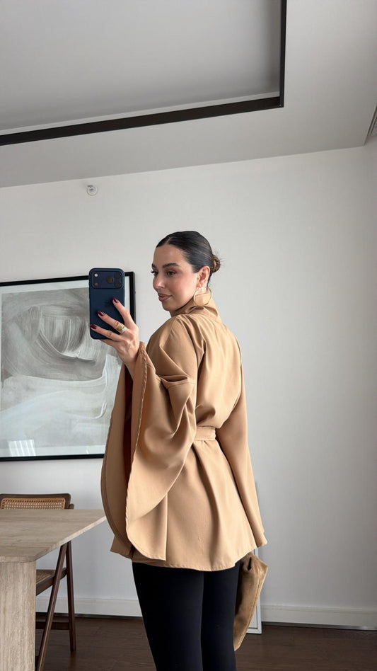 Elara Camel Belted Cape Jacket