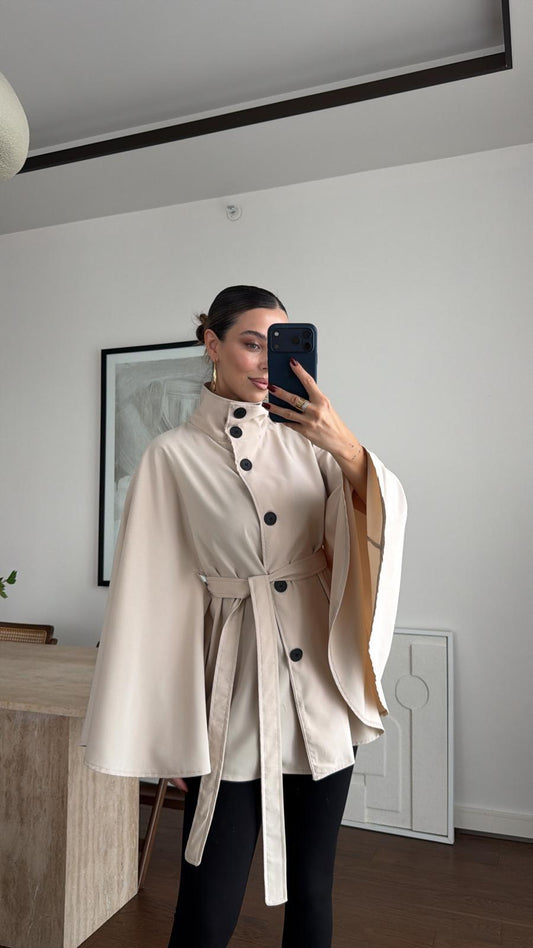 Elara Taupe Belted Cape Jacket