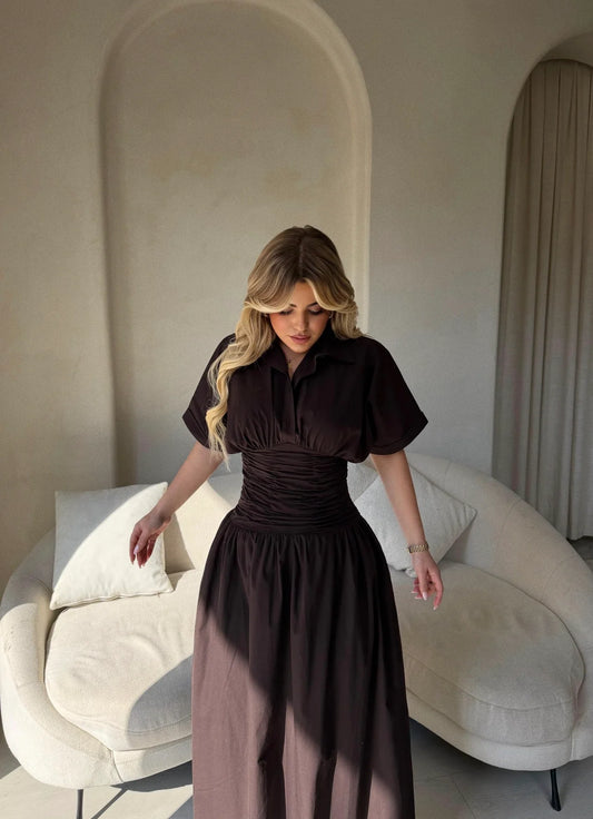 Brown Shirt Collar Draped Long Dress