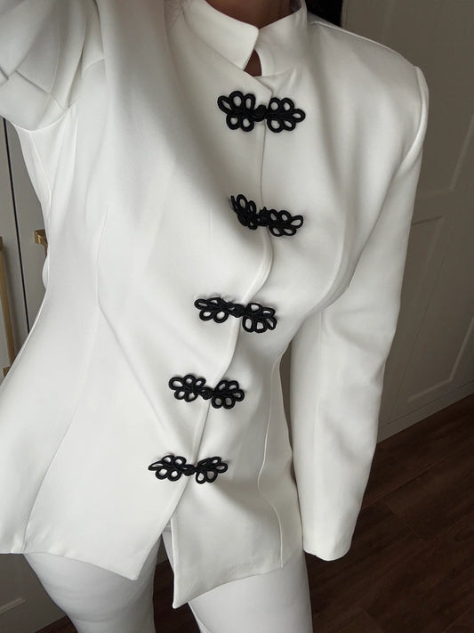 White Mandarin Collar Two-Piece Set