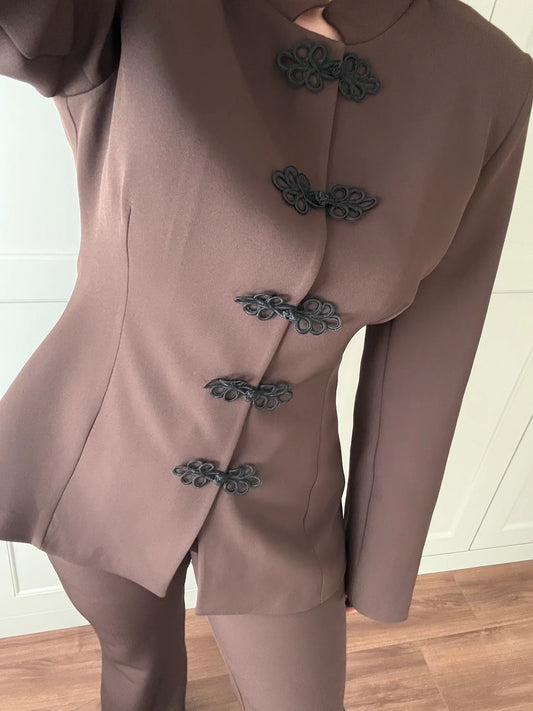 Brown Mandarin Collar Two-Piece Set