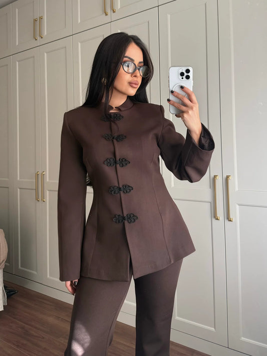 Brown Mandarin Collar Two-Piece Set