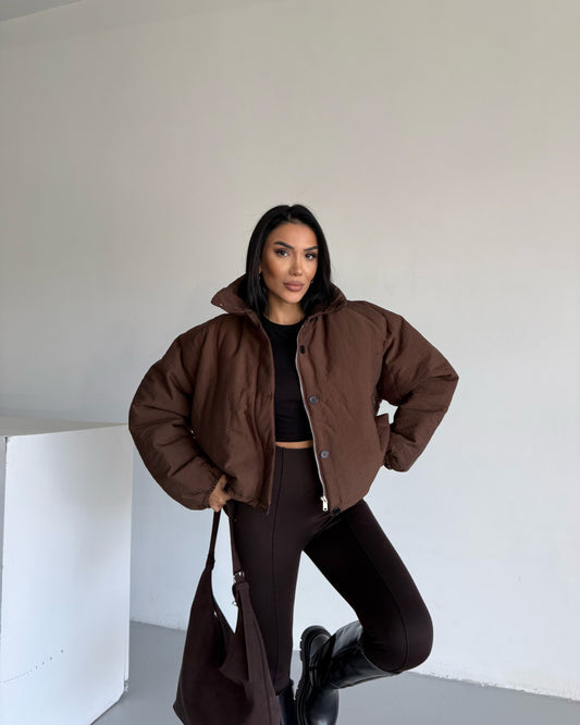 Brown Stand Collar Long Back Coat Jacket