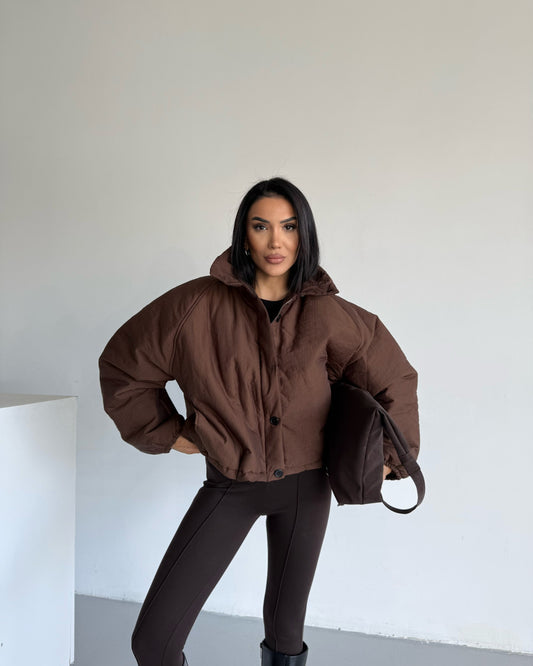 Brown Stand Collar Long Back Coat Jacket