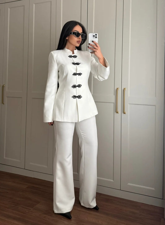 White Mandarin Collar Two-Piece Set