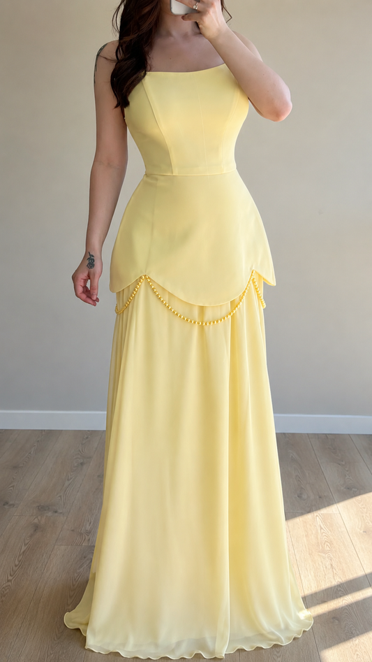 Bridgerton Shawl Pearl Embellished Yellow Evening Dress