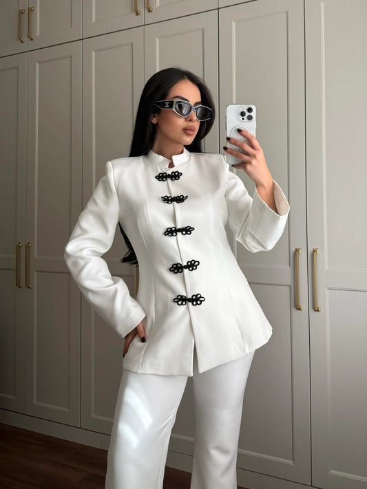 White Mandarin Collar Two-Piece Set