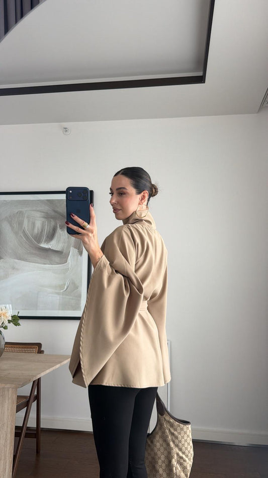 Elara Stone Grey Belted Cape Jacket