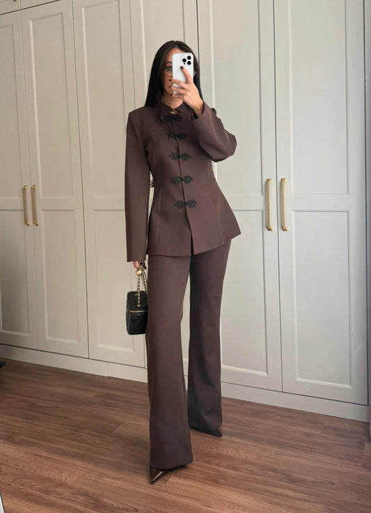Brown Mandarin Collar Two-Piece Set