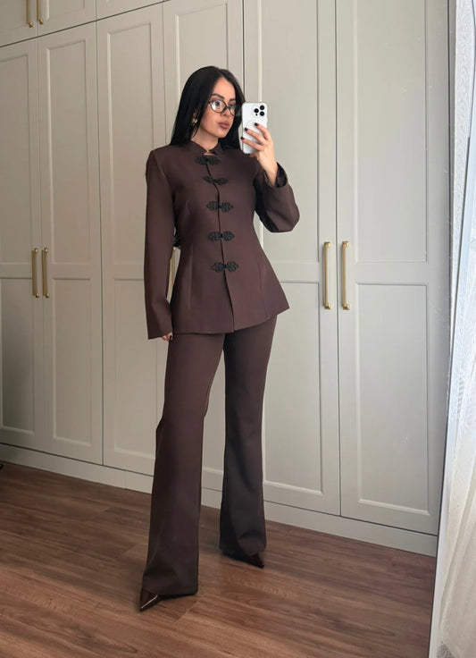 Brown Mandarin Collar Two-Piece Set