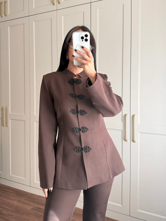 Brown Mandarin Collar Two-Piece Set