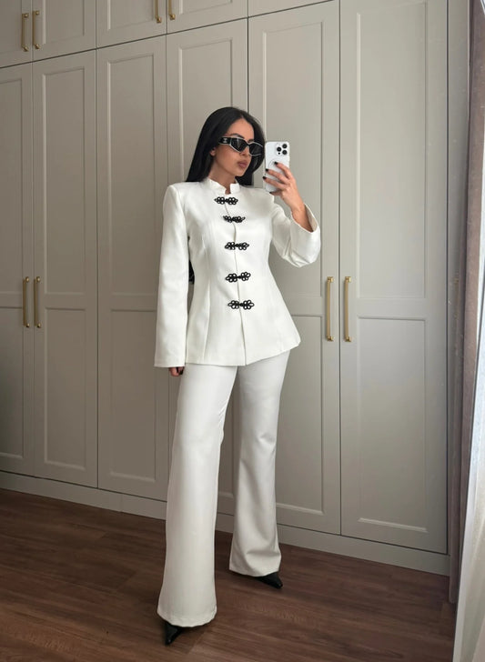 White Mandarin Collar Two-Piece Set