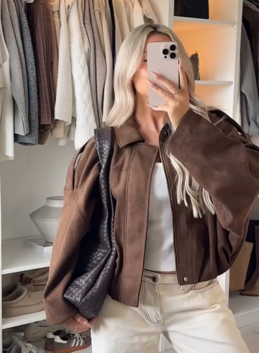 Model Textured Suede Chestnut Bomber Jacket
