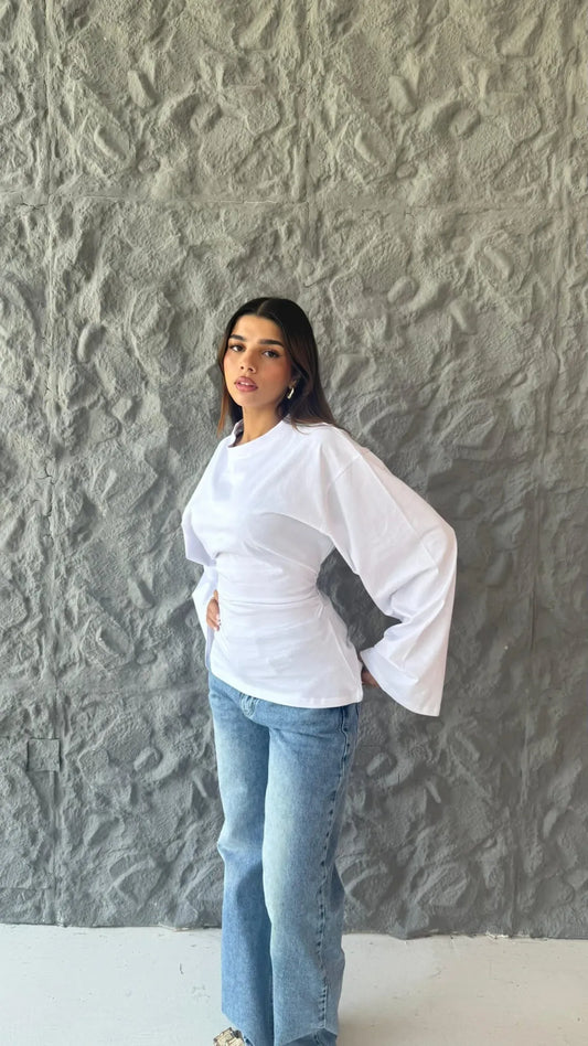 Amélie White Cinched Waist Flare Sleeve Top