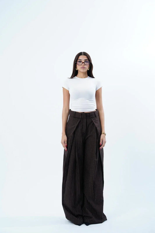 BROWN STRIPED FOLDED TAILORED TROUSERS