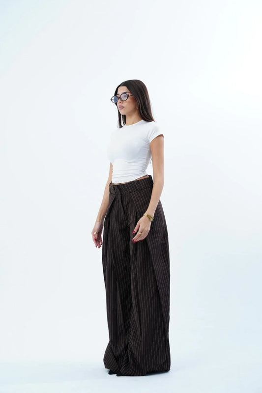 BROWN STRIPED FOLDED TAILORED TROUSERS