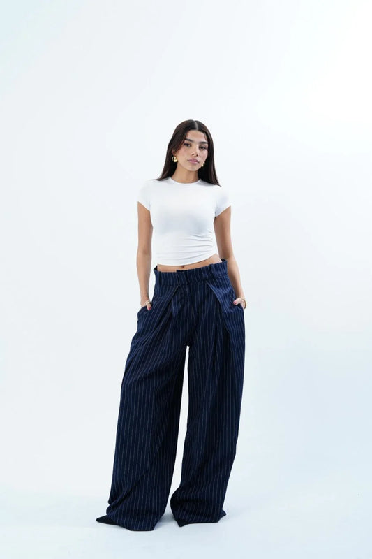 NAVY STRIPED FOLDED TAILORED TROUSERS