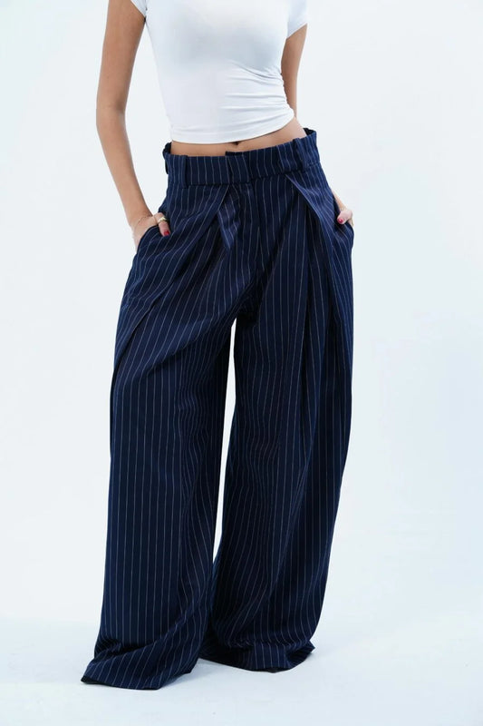 NAVY STRIPED FOLDED TAILORED TROUSERS