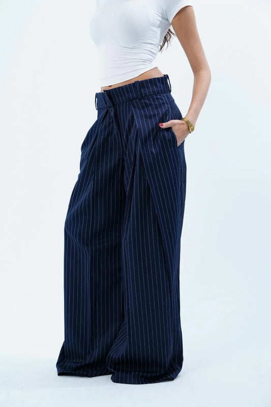 NAVY STRIPED FOLDED TAILORED TROUSERS