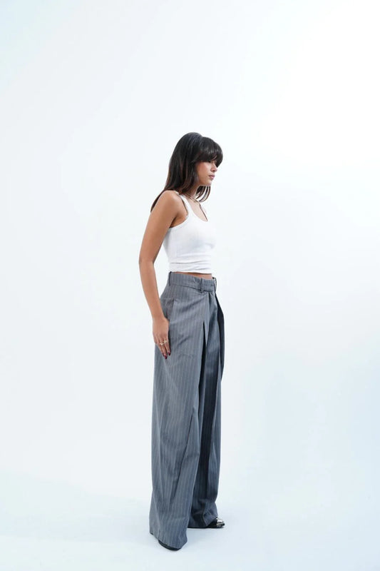 GREY STRIPED FOLDED TAILORED TROUSERS