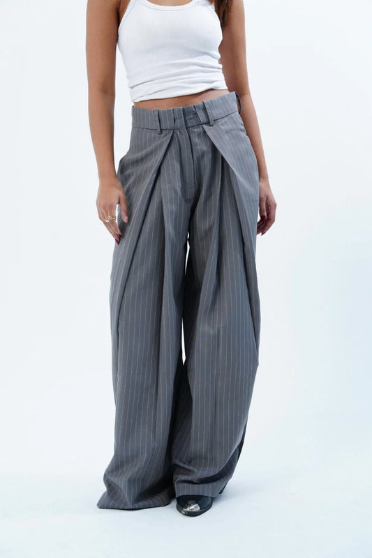 GREY STRIPED FOLDED TAILORED TROUSERS