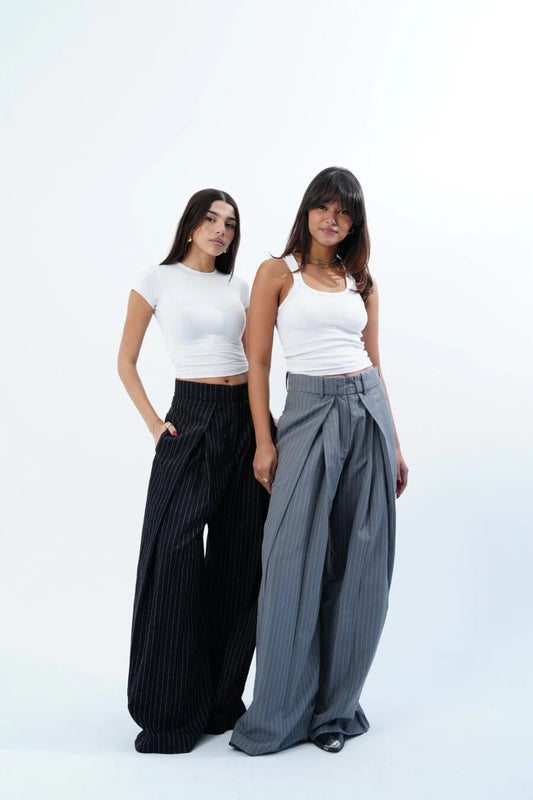 GREY STRIPED FOLDED TAILORED TROUSERS