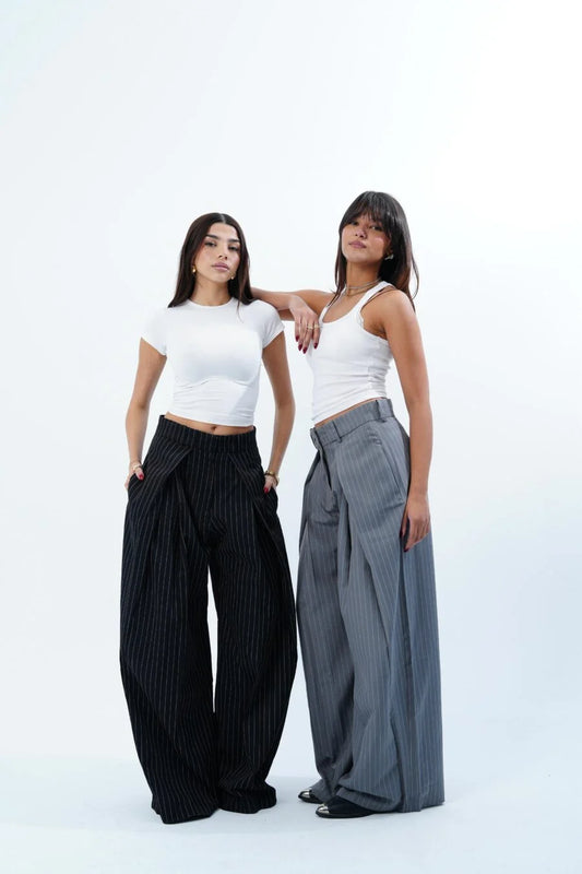 BLACK STRIPED FOLDED TAILORED TROUSERS