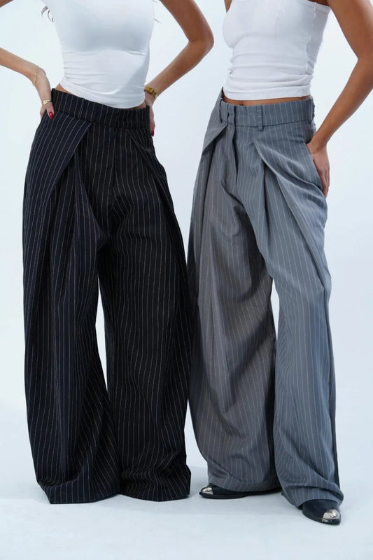 BLACK STRIPED FOLDED TAILORED TROUSERS