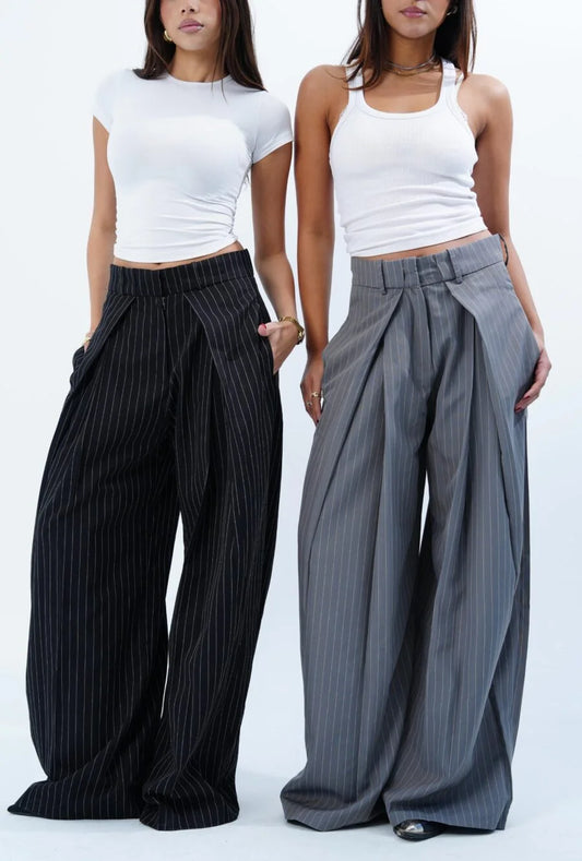GREY STRIPED FOLDED TAILORED TROUSERS