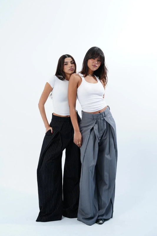 GREY STRIPED FOLDED TAILORED TROUSERS