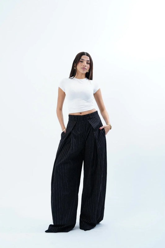 BLACK STRIPED FOLDED TAILORED TROUSERS