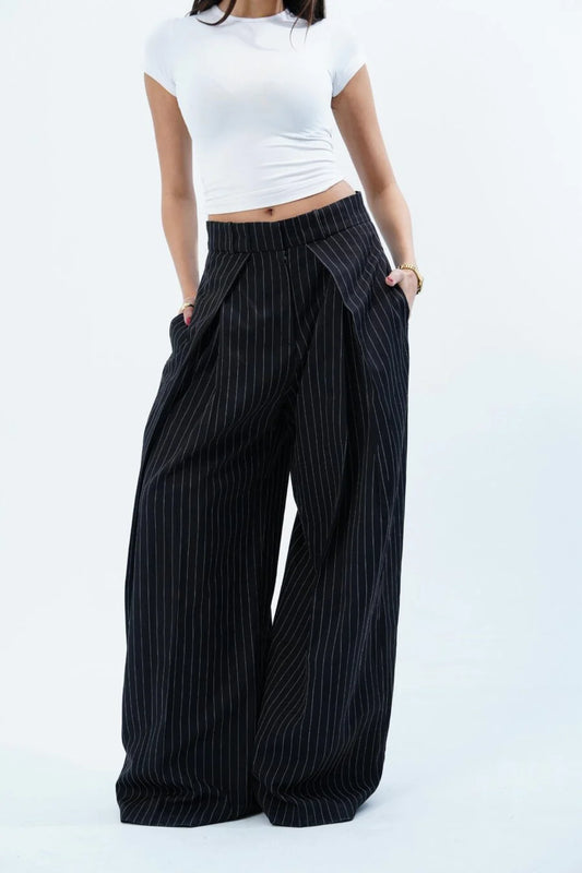 BLACK STRIPED FOLDED TAILORED TROUSERS