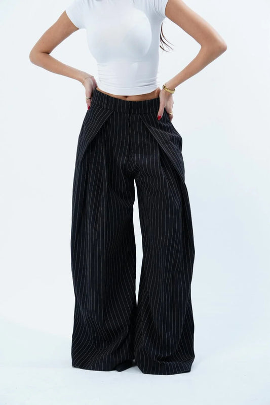 BLACK STRIPED FOLDED TAILORED TROUSERS