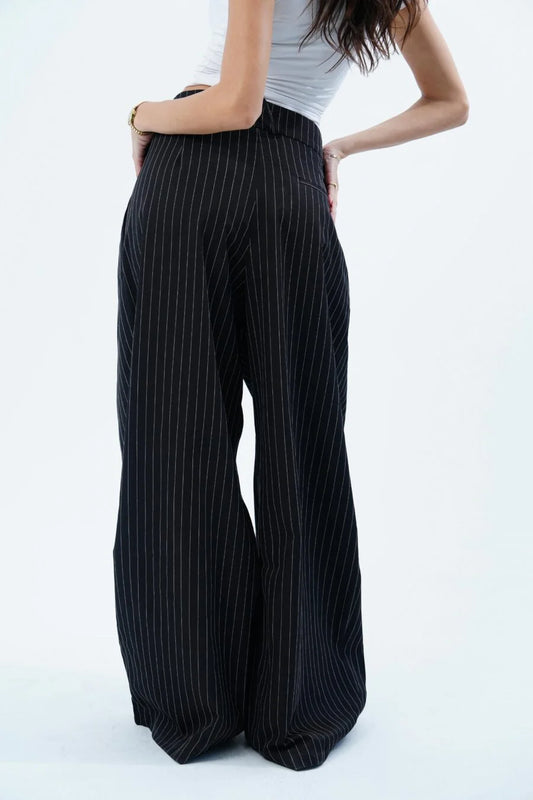 BLACK STRIPED FOLDED TAILORED TROUSERS