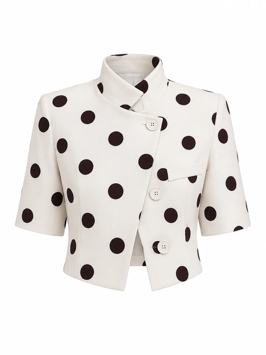 Brown Polka Dot Short-Sleeved Crop Jacket