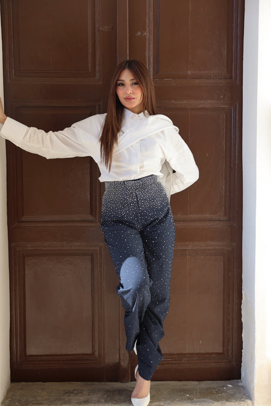 Navy Shynix Embellished Trousers