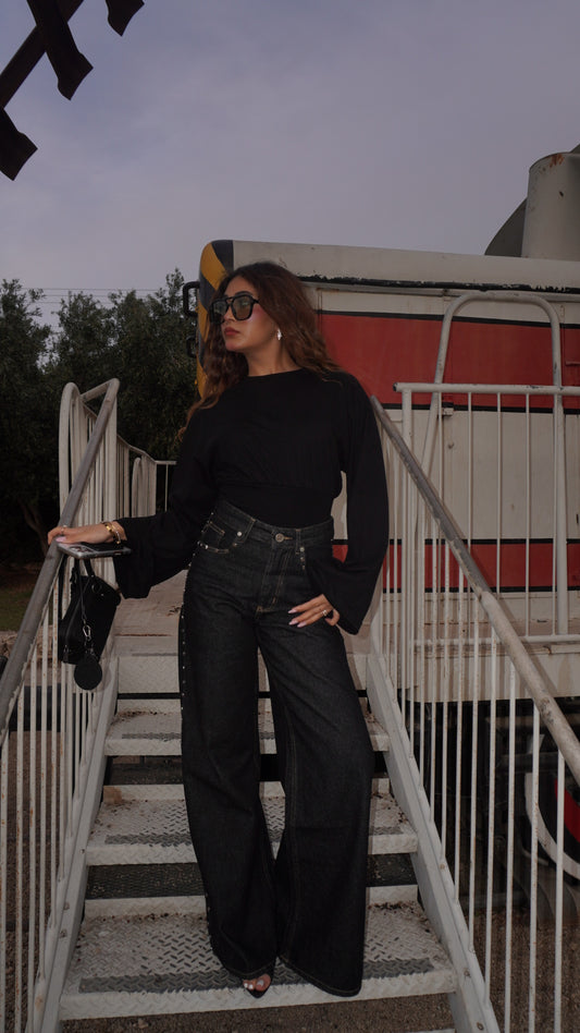 Aurelia Black Cinched Waist Long Sleeve Top