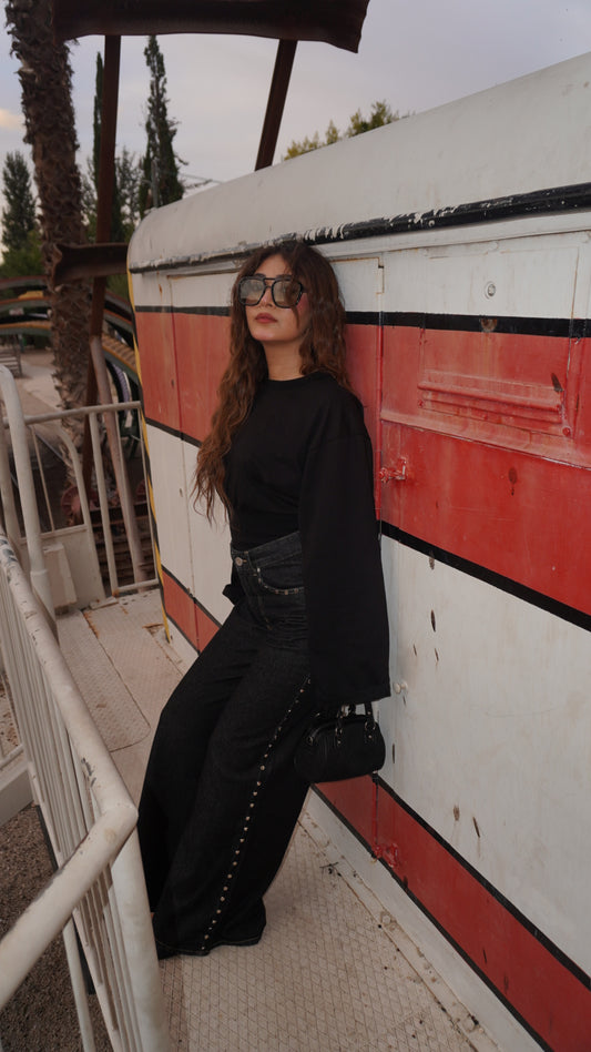 Aurelia Black Cinched Waist Long Sleeve Top