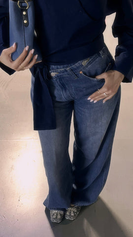 Dark Blue Wide Jeans with Cross Buttons