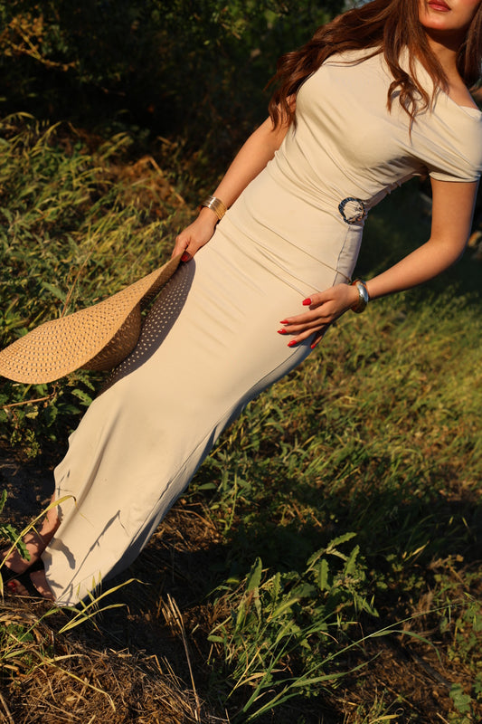 Cream Long Dress with Buckle Detail