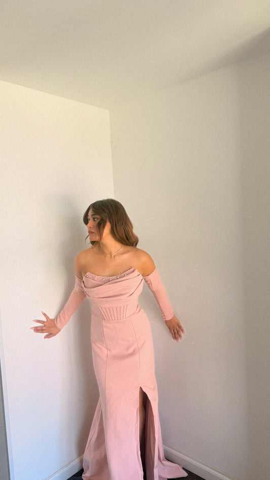 Lina's Embellished Evening in Powder Pink Dress