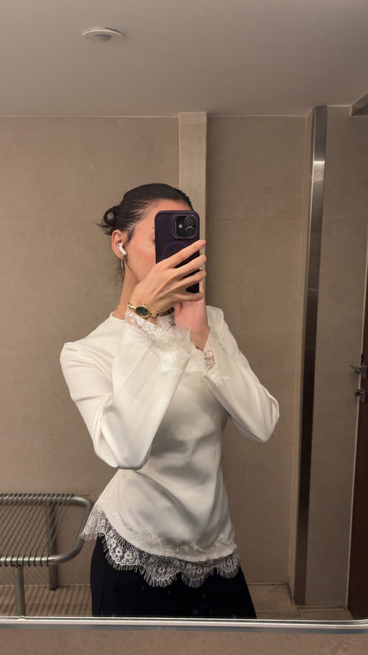 ASYMMETRICALLY DETAILED SATIN BLOUSE