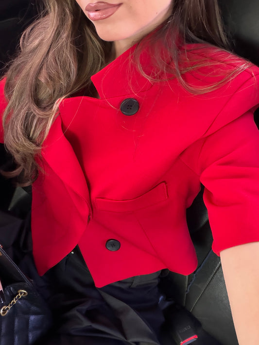 Red Short-Sleeved Crop Blazer Jacket