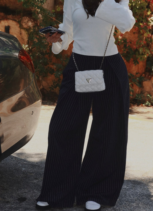 NAVY STRIPED FOLDED TAILORED TROUSERS
