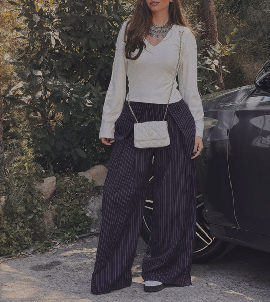 NAVY STRIPED FOLDED TAILORED TROUSERS