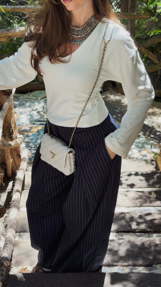 NAVY STRIPED FOLDED TAILORED TROUSERS