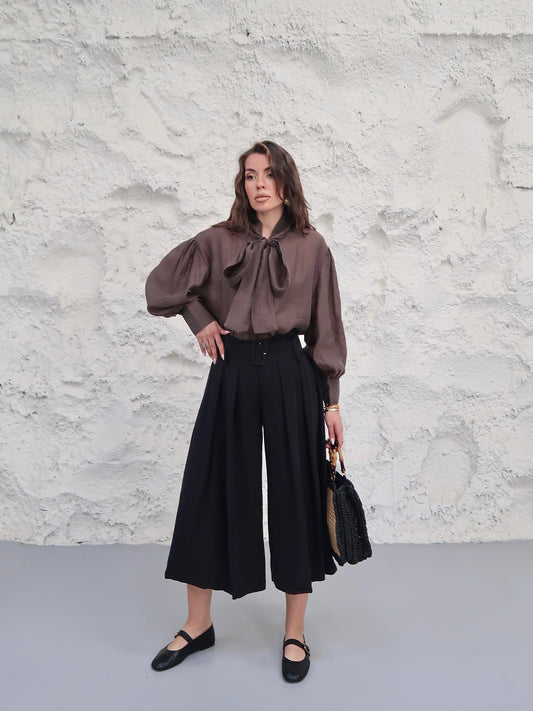 High-Waisted Pleated Culotte Pants