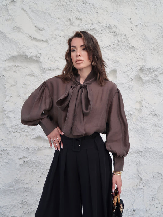 Neckline Tie-Up Balloon Sleeve Blouse