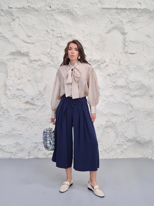 High-Waisted Pleated Culotte Pants